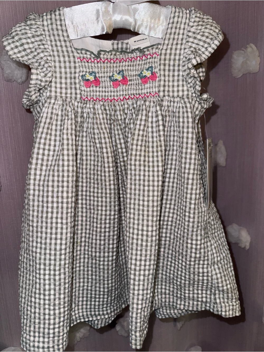 H&M Gray Gingham Smocked Dress with Pink Strawberry Detail